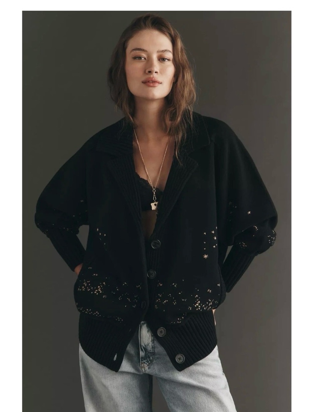 Anthropologie Black Star-Detail Button-Up Cardigan